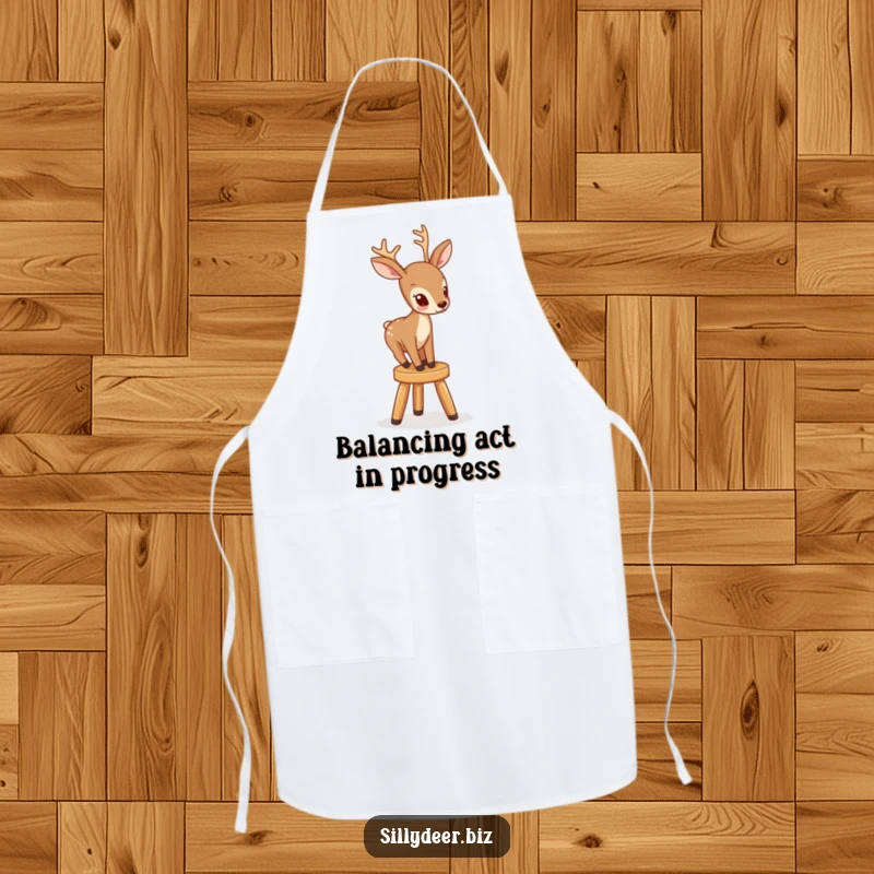 Funny apron showcasing a deer with a serious face attempting to climb a small, shaky stool, ready for kitchen duty.