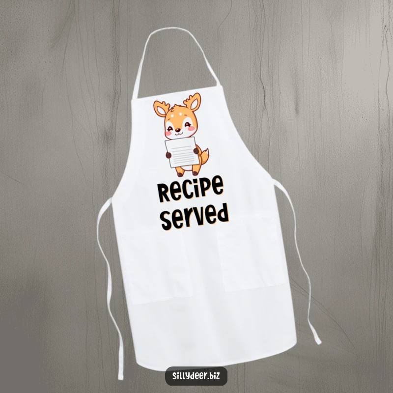 Funny Kawaii Deer Apron: Cute kitchen apron with a deer cheerfully delivering a document, adding humor to cooking.