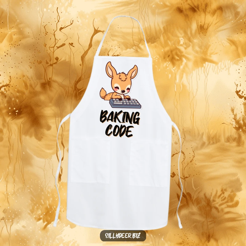 Funny Kawaii Deer Apron: Cute kitchen apron featuring a deer focused on typing, adding a touch of humor to cooking.