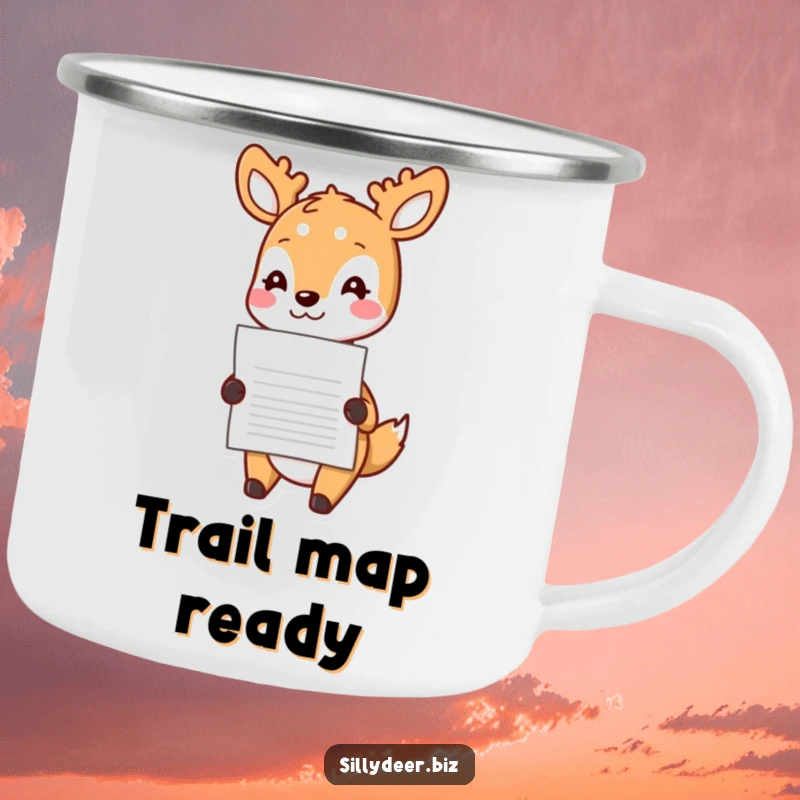 Funny Kawaii Deer Camping Mug: Durable enamel mug with a cute deer cheerfully delivering a document, for outdoor lovers.