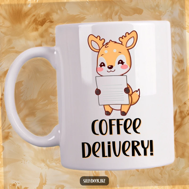 Funny Kawaii Deer Mug: Cute deer cheerfully handing over a document with a nod, perfect for office appreciation and gifts.