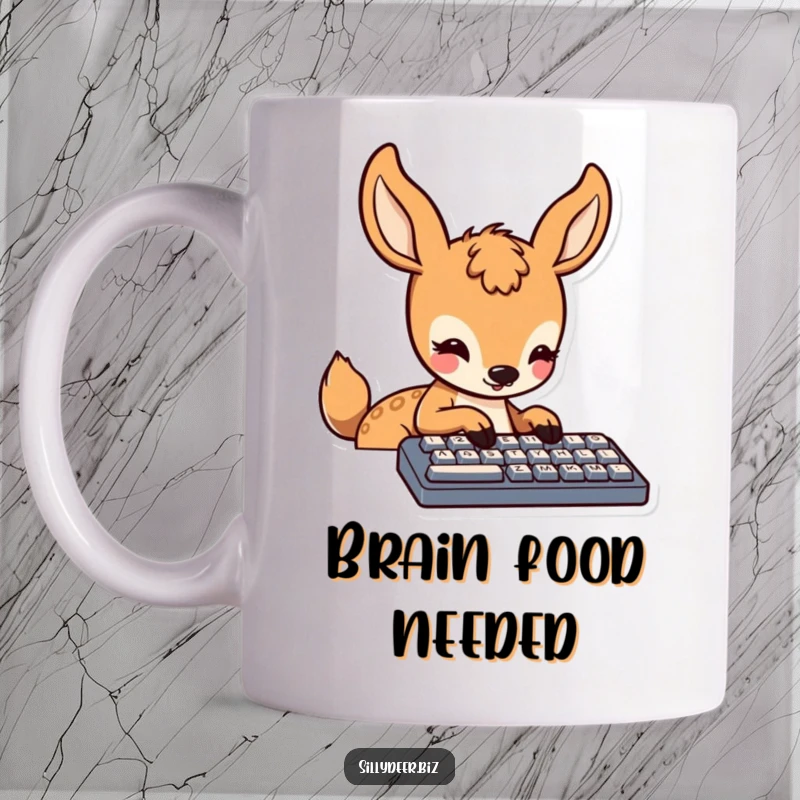 Funny Kawaii Deer Mug: Cute deer intently typing on a keyboard with a slight smile, perfect for office humor and gifts.