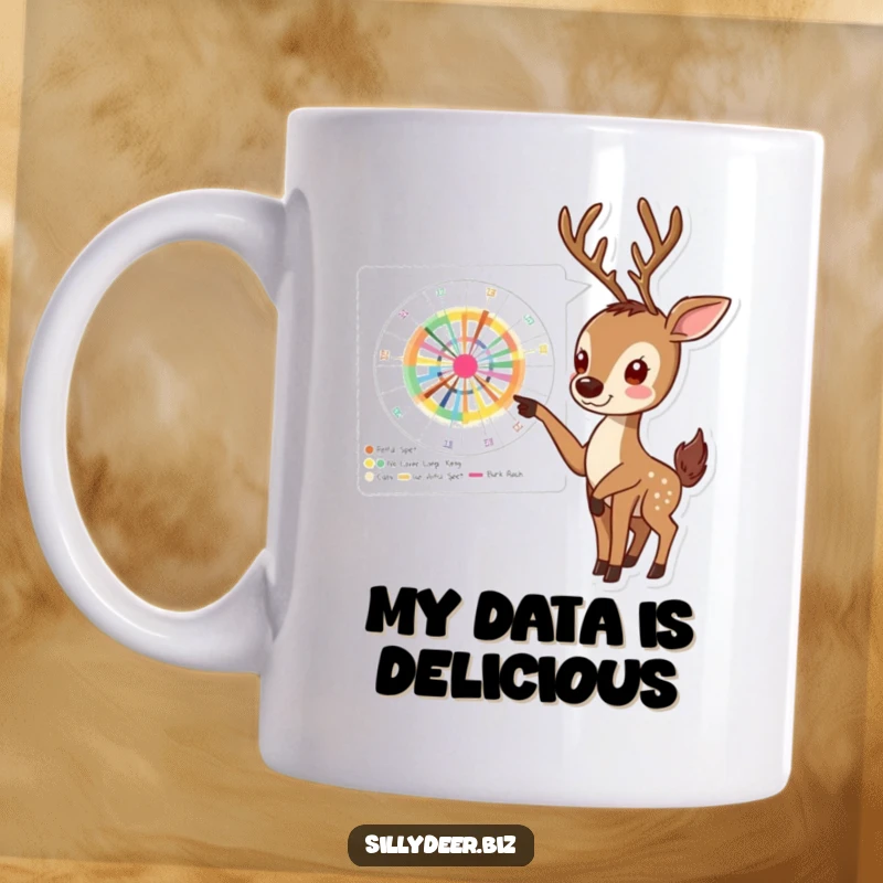 Funny Deer Mug shows an enthusiastic deer pointing excitedly at a complex, colorful chart, celebrating data analysis.