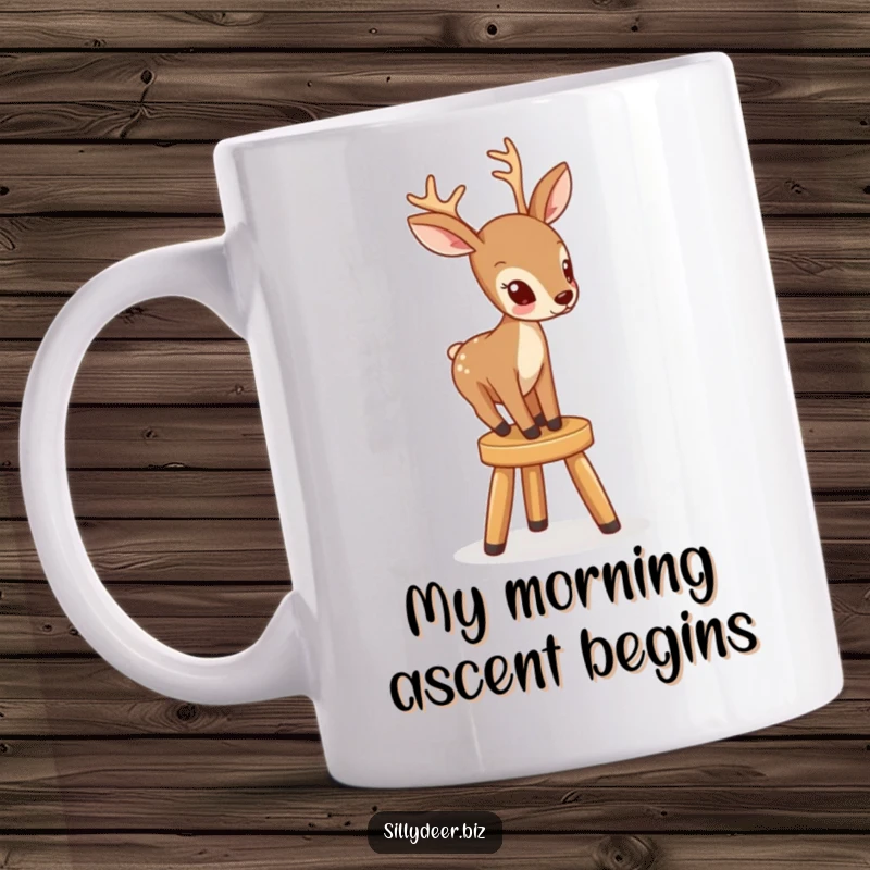 Funny mug showing a determined deer struggling to balance on a tiny, unstable stool with a comical, focused expression.