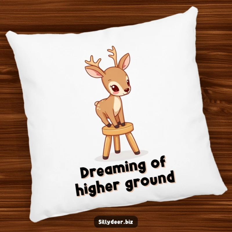 Funny pillow design of a deer concentrating hard while trying to get onto a small, unstable stool, a comical sight.