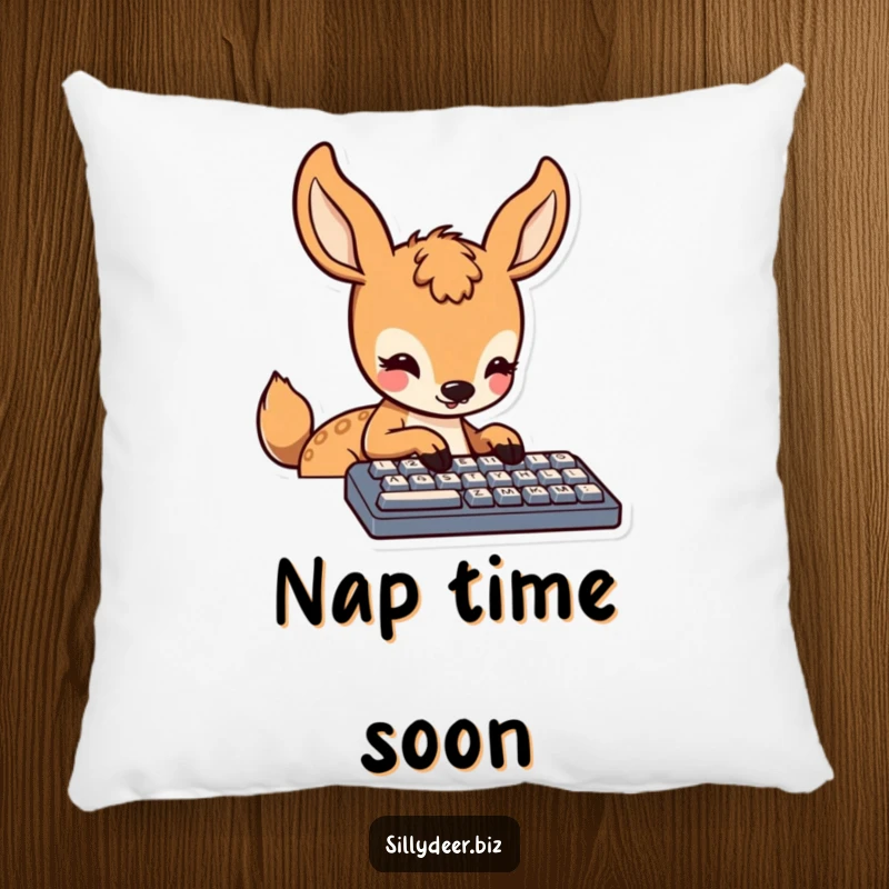 Funny Kawaii Deer Pillow: Soft decorative pillow with a kawaii deer concentrating on typing, adding cute comfort to any space.
