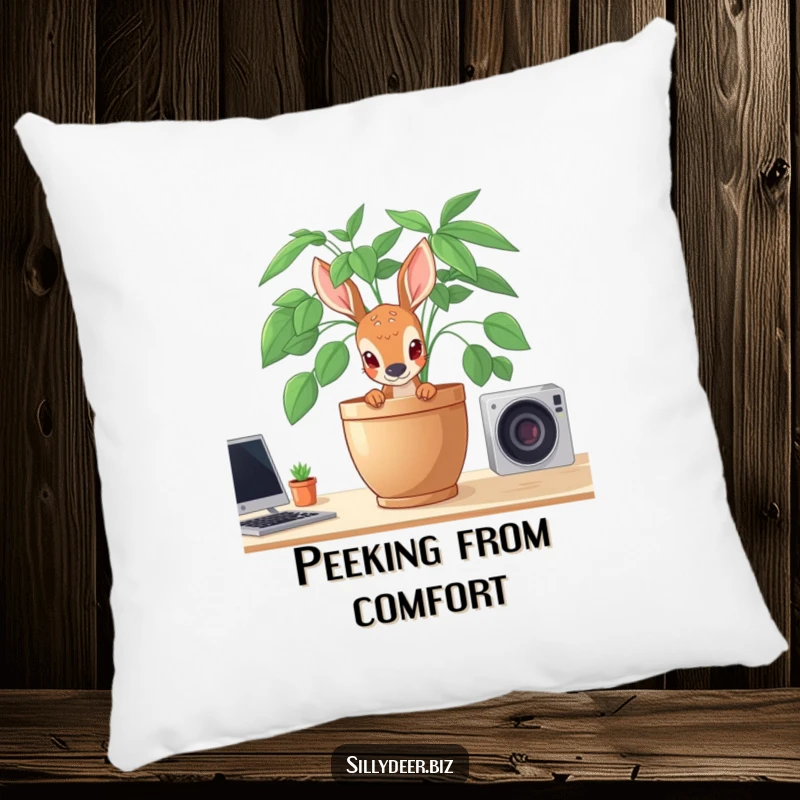 Funny Shy Deer Pillow with a shy deer peeking from behind a potted plant, offering soft, gentle comfort and humor.