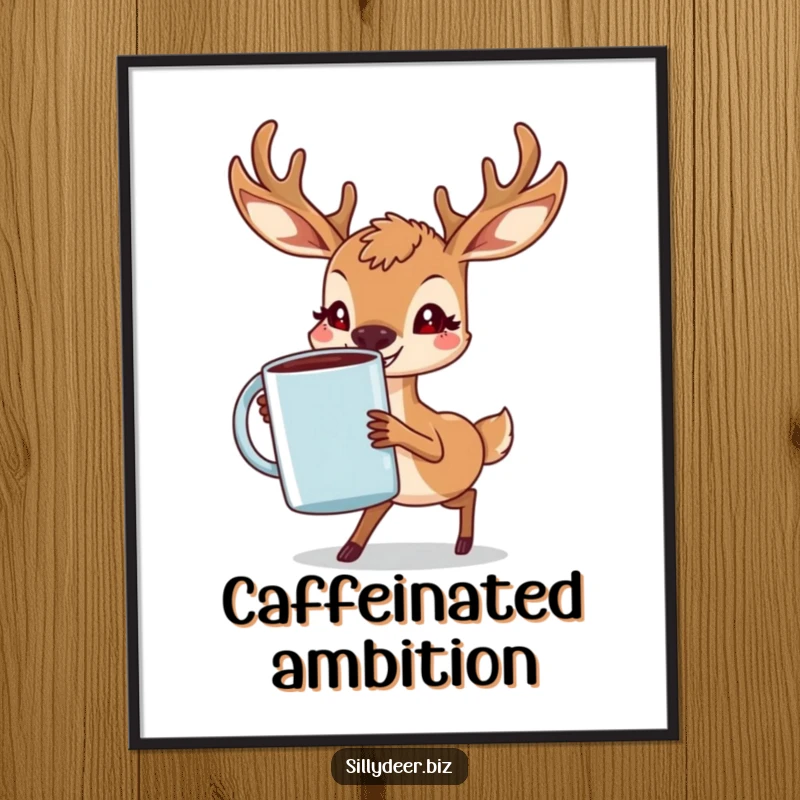 Funny Deer Digital Art Print featuring a determined deer with a grin, carrying a massive coffee mug, inspiring morning motivation.