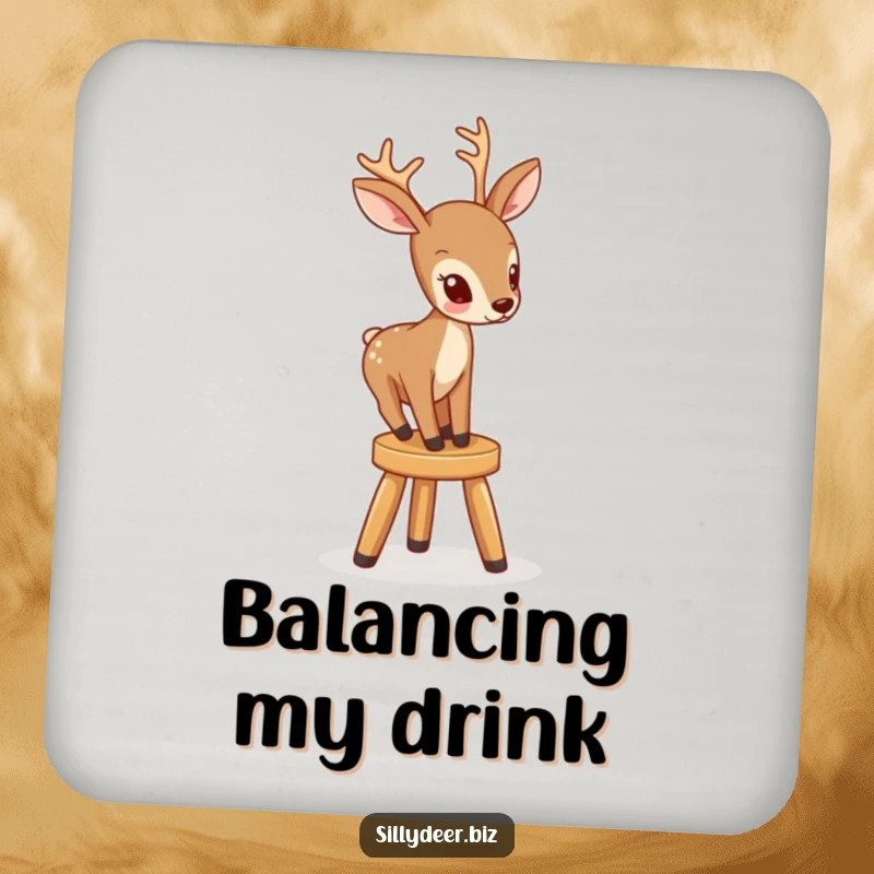 Funny drink coasters illustrating a deer focused on climbing a tiny, wobbly stool, protecting your surfaces with humor.