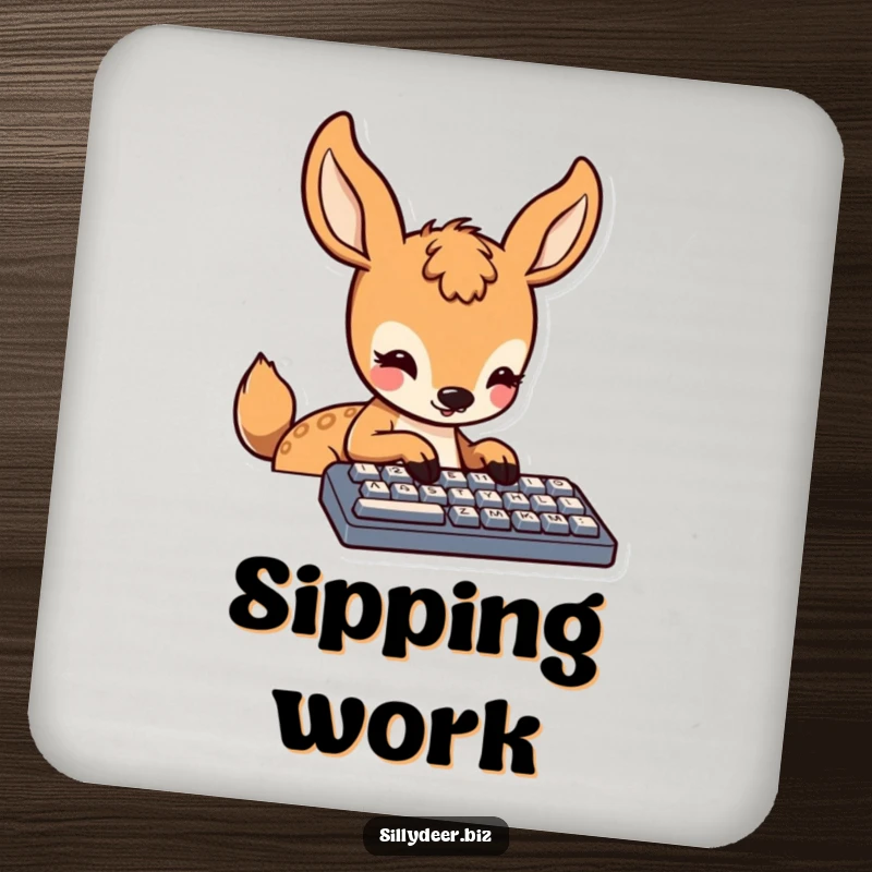 Funny Kawaii Deer Coasters: Set of coasters featuring a cute deer concentrating on typing, protecting surfaces with humor.