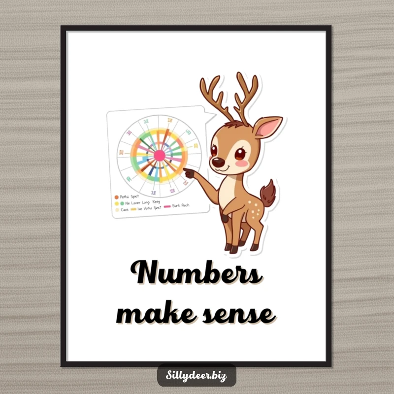 Funny Deer Poster showing an enthusiastic deer pointing at a complex, colorful chart, inspiring data analysis and presentation.