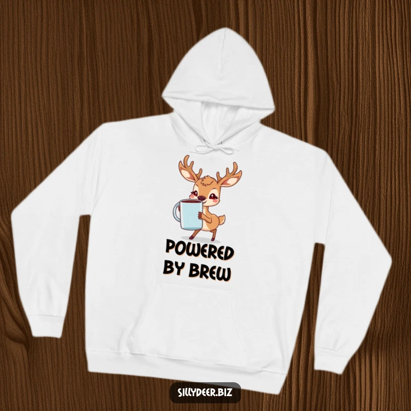 Funny Deer Hoodie showing a determined deer with a grin, carrying a giant coffee mug, perfect for cozy caffeine lovers.