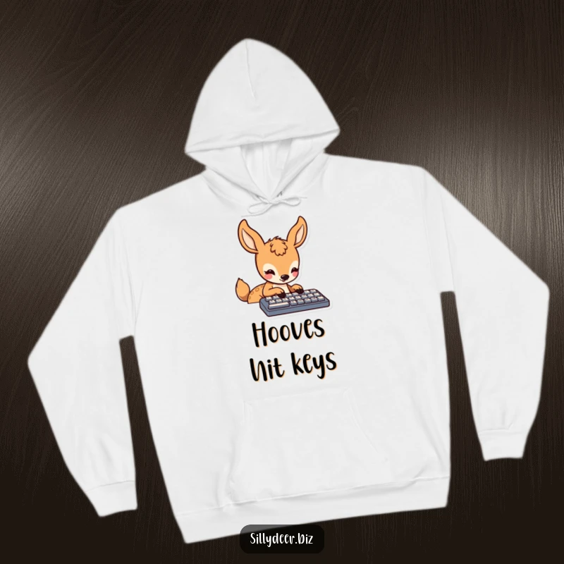 Funny Kawaii Deer Hoodie: Soft and warm hoodie featuring a cute deer concentrating while typing on a keyboard, perfect for casual wear.