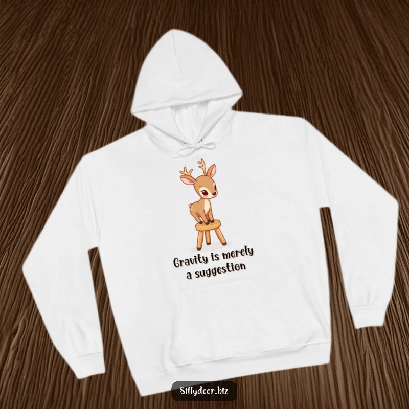 Funny hoodie featuring a determined deer attempting to mount a small, shaky stool, its expression full of comical concentration.