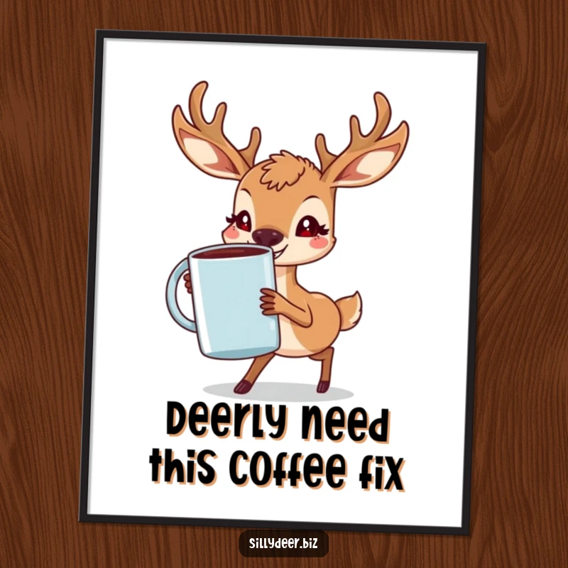 Funny Free Printable Wall Art: A deer with a determined grin struggles to hold a giant coffee mug, a humorous piece.