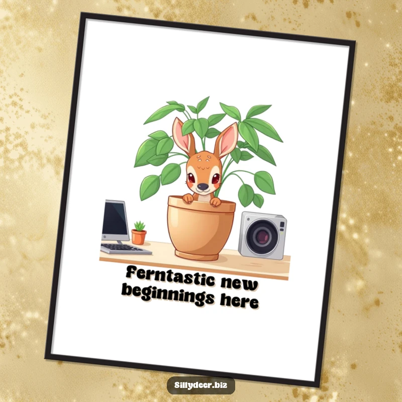 Funny Free Printable Wall Art: A shy deer peeking from behind a large potted plant, creating a charming and peaceful scene.