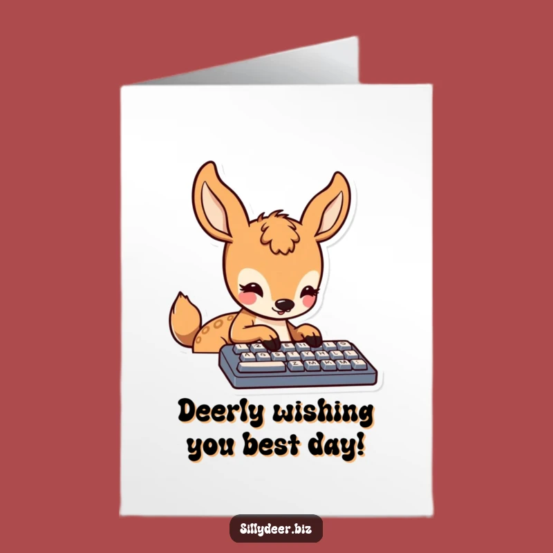 Free Printable Birthday Card: Kawaii Deer Typing! Funny Downloadable Gift for Techies
