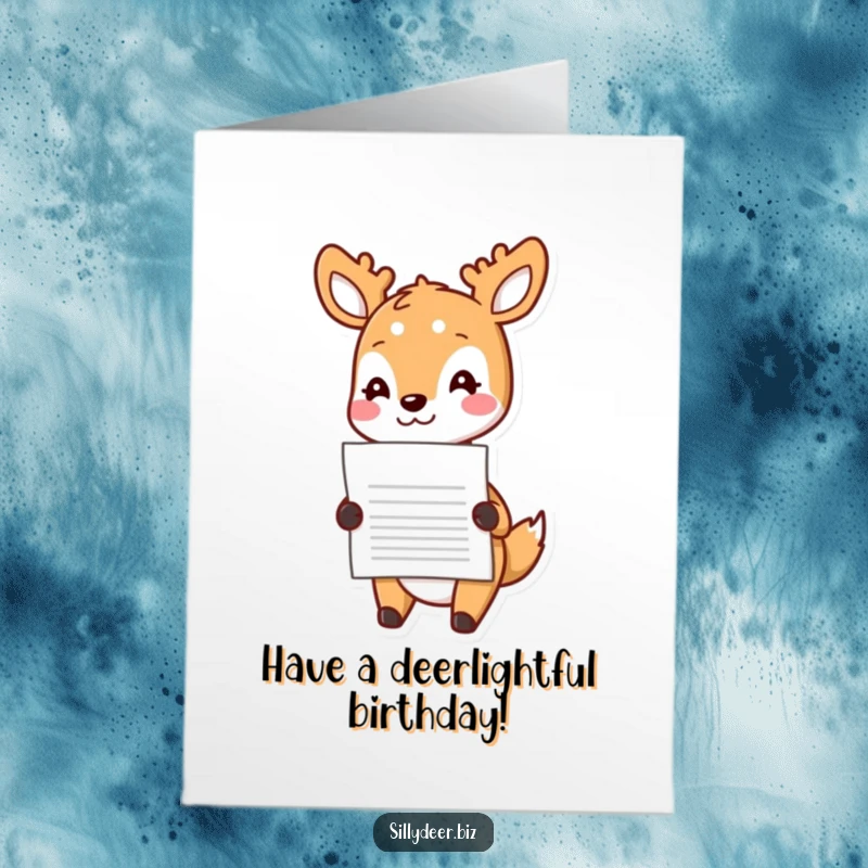 Funny Free Printable Birthday Card with a cheerful kawaii deer happily nodding while presenting a document, wishing happy birthday.