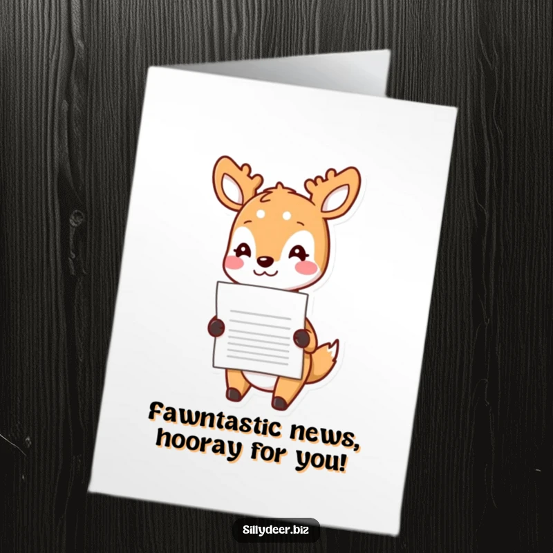 Free Printable Congratulations Card with a happy kawaii deer nodding joyfully while handing over a document, celebrating achievements.