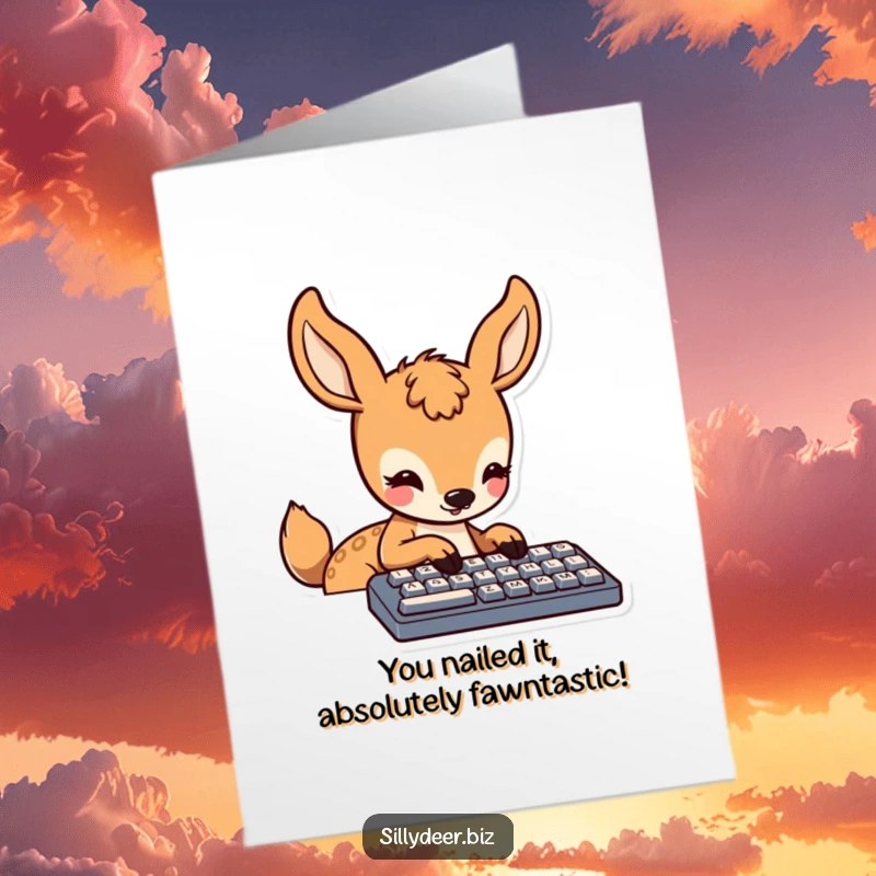 Free Printable Congratulations Card featuring a charming kawaii deer focused on typing at a keyboard, celebrating a job well done.