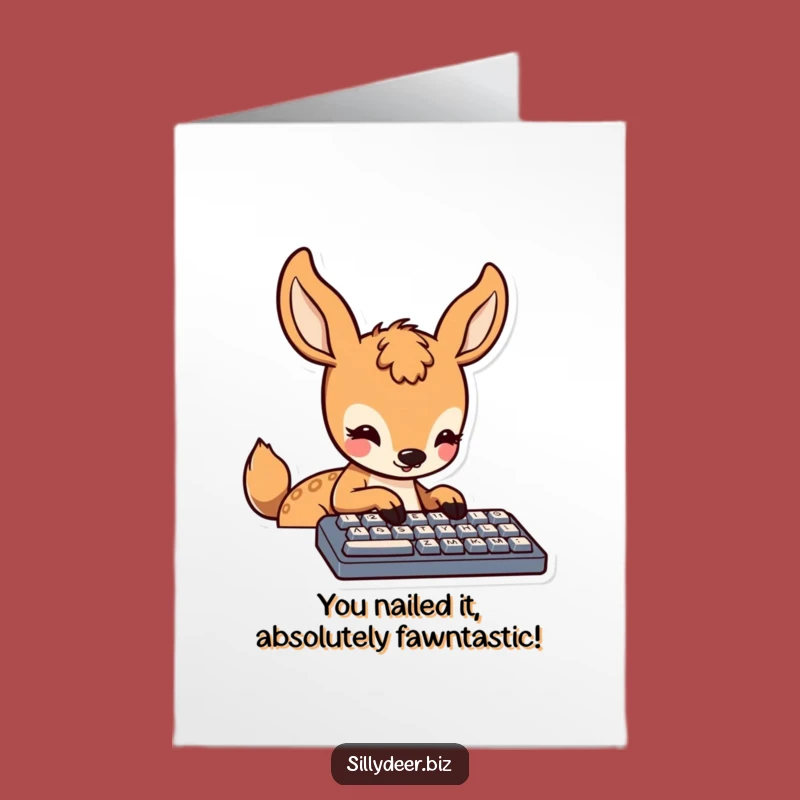 Free Printable Congratulations Card: Kawaii Deer Typing Success! Downloadable Gift