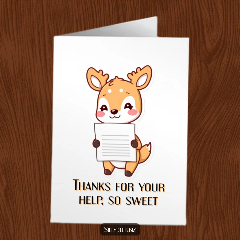 Cute Free Printable Thank You Card featuring a smiling kawaii deer nodding cheerfully while handing over a document, showing sincere thanks.