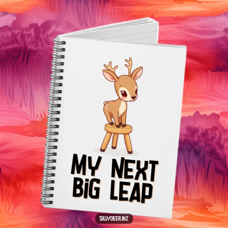 Funny notebook cover illustration of a deer focused on climbing a tiny, wobbly stool, ready to hold your notes.
