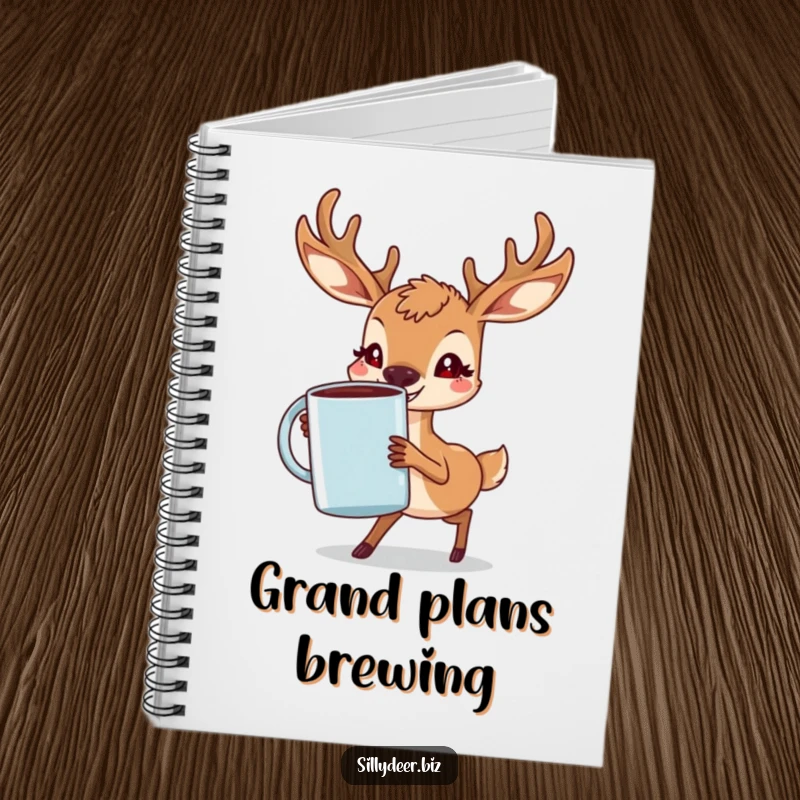 Funny Deer Notebook with a determined deer and a grin, struggling with a large coffee mug, ideal for note-taking.