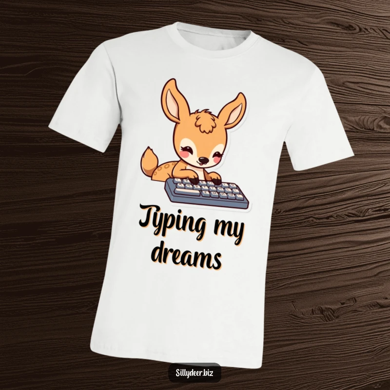 Funny Kawaii Deer T-Shirt: Adorable deer focused on typing on a keyboard, designed for a cute and humorous look.