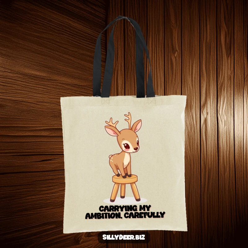 Funny tote bag illustration of a persistent deer trying to get onto a small, precarious stool with a funny, focused look.