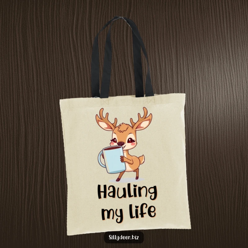 Funny Deer Tote Bag depicting a determined deer with a grin, struggling with a large coffee mug, showcasing a love for caffeine.