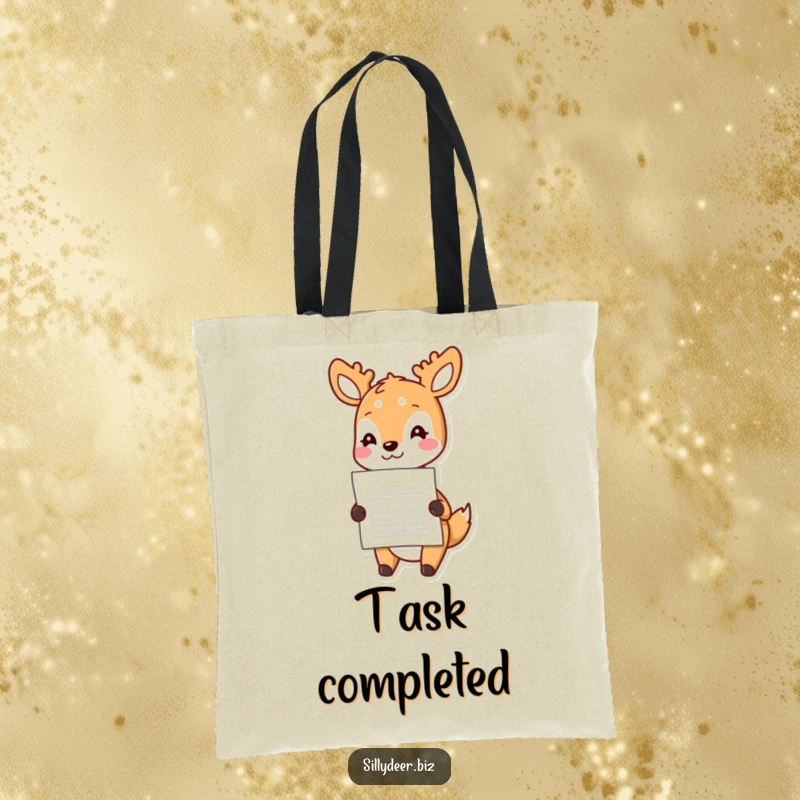 Funny Kawaii Deer Tote Bag: Cute and practical bag with a deer cheerfully handing a document, ideal for carrying essentials.